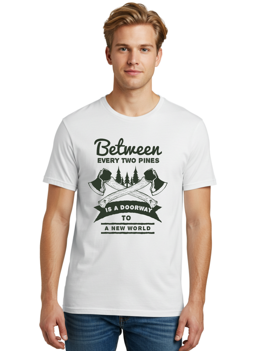 A New World Men'S Graphic Tee, 100% Cotton, Comfortable Casual Summer Wear, Machine Washable, Crossed Axes, Pine Trees, Doorway To A New World, Adventure, Exploration, Wilderness, Outdoors, Travel, Journey, New Beginnings Aae091