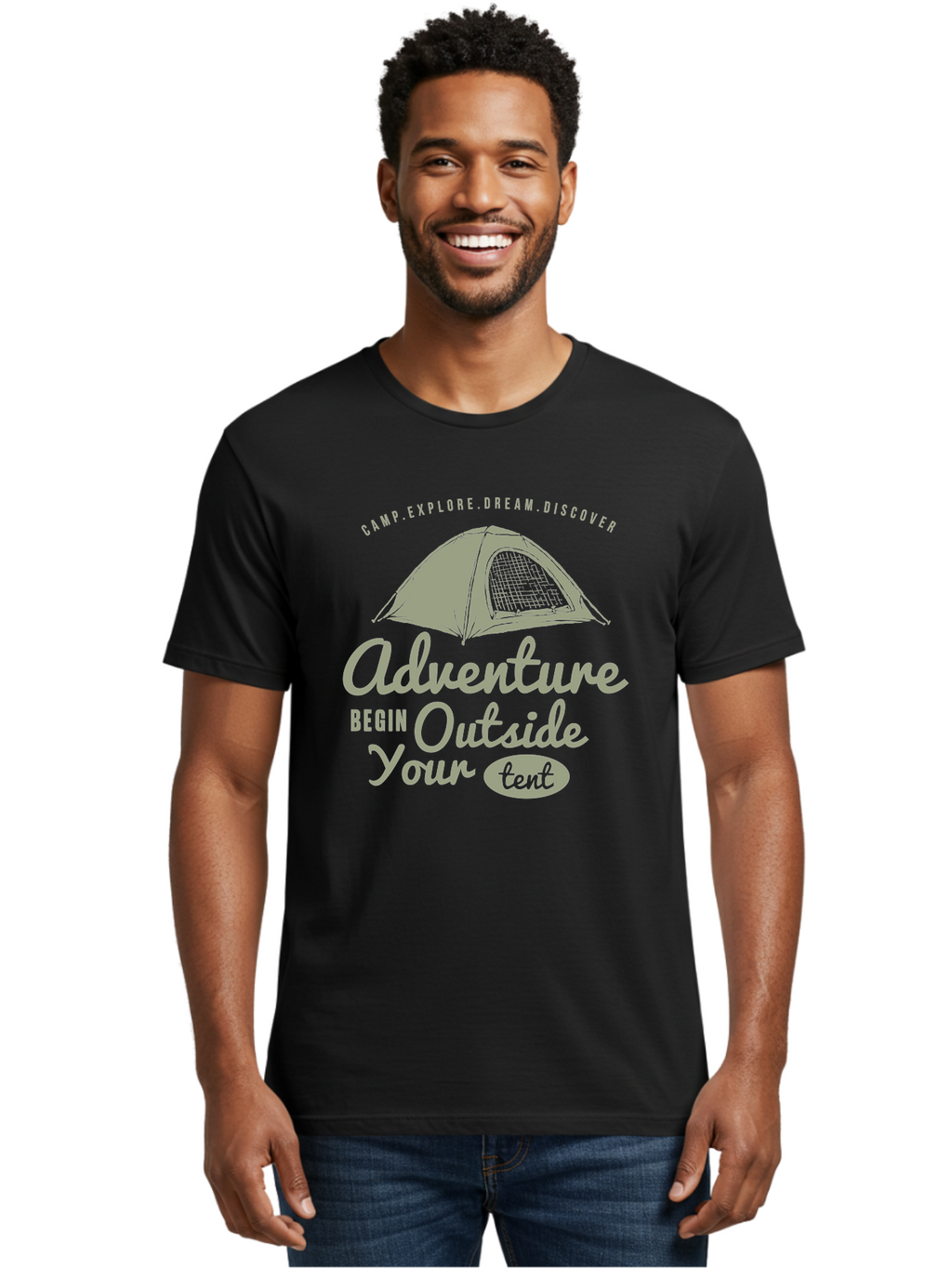 Adventure Begin Outside Your Tent Men'S Graphic Tee, 100% Cotton, Comfortable Casual Summer Wear, Machine Washable, Camping Adventure, Outdoor Activities, Tent Camping, Wilderness Exploration, Nature Escape, Camping Quotes, Adventure Begins, Aae094