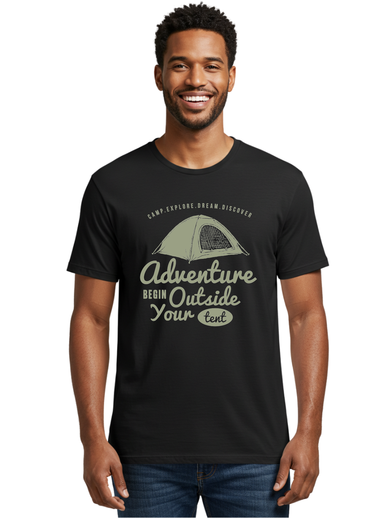 Adventure Begin Outside Your Tent Men'S Graphic Tee, 100% Cotton, Comfortable Casual Summer Wear, Machine Washable, Camping Adventure, Outdoor Activities, Tent Camping, Wilderness Exploration, Nature Escape, Camping Quotes, Adventure Begins, Aae094