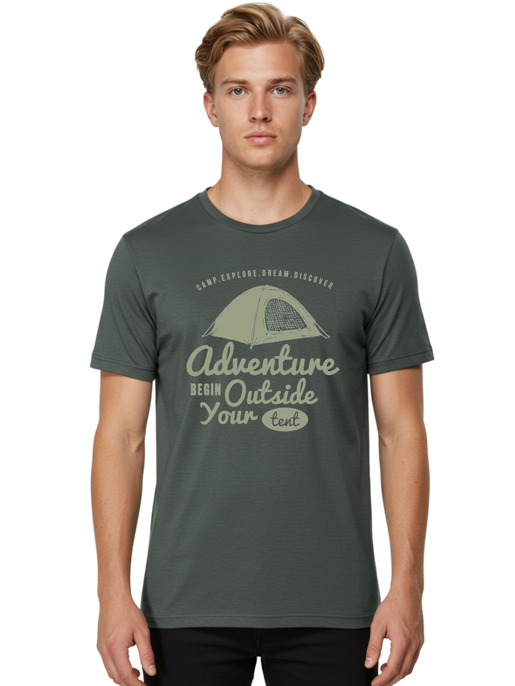 Adventure Begin Outside Your Tent Men'S Graphic Tee, 100% Cotton, Comfortable Casual Summer Wear, Machine Washable, Camping Adventure, Outdoor Activities, Tent Camping, Wilderness Exploration, Nature Escape, Camping Quotes, Adventure Begins, Aae094
