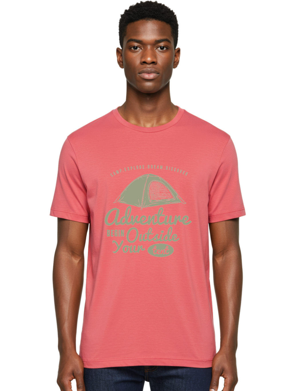 Adventure Begin Outside Your Tent Men'S Graphic Tee, 100% Cotton, Comfortable Casual Summer Wear, Machine Washable, Camping Adventure, Outdoor Activities, Tent Camping, Wilderness Exploration, Nature Escape, Camping Quotes, Adventure Begins, Aae094