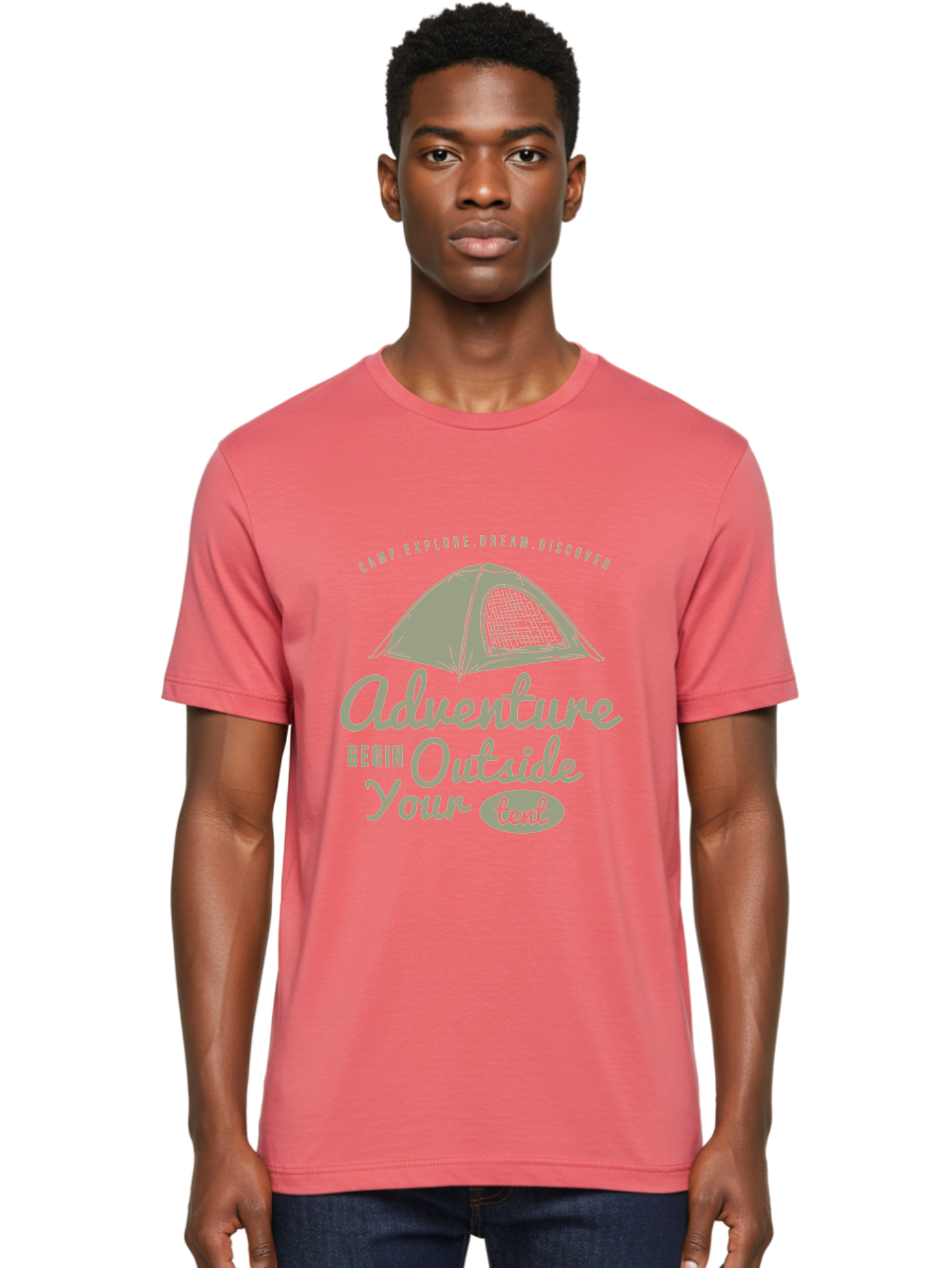 Adventure Begin Outside Your Tent Men'S Graphic Tee, 100% Cotton, Comfortable Casual Summer Wear, Machine Washable, Camping Adventure, Outdoor Activities, Tent Camping, Wilderness Exploration, Nature Escape, Camping Quotes, Adventure Begins, Aae094