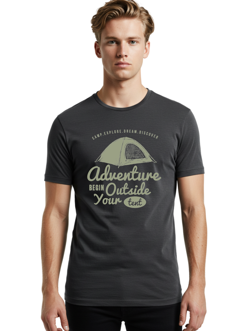 Adventure Begin Outside Your Tent Men'S Graphic Tee, 100% Cotton, Comfortable Casual Summer Wear, Machine Washable, Camping Adventure, Outdoor Activities, Tent Camping, Wilderness Exploration, Nature Escape, Camping Quotes, Adventure Begins, Aae094