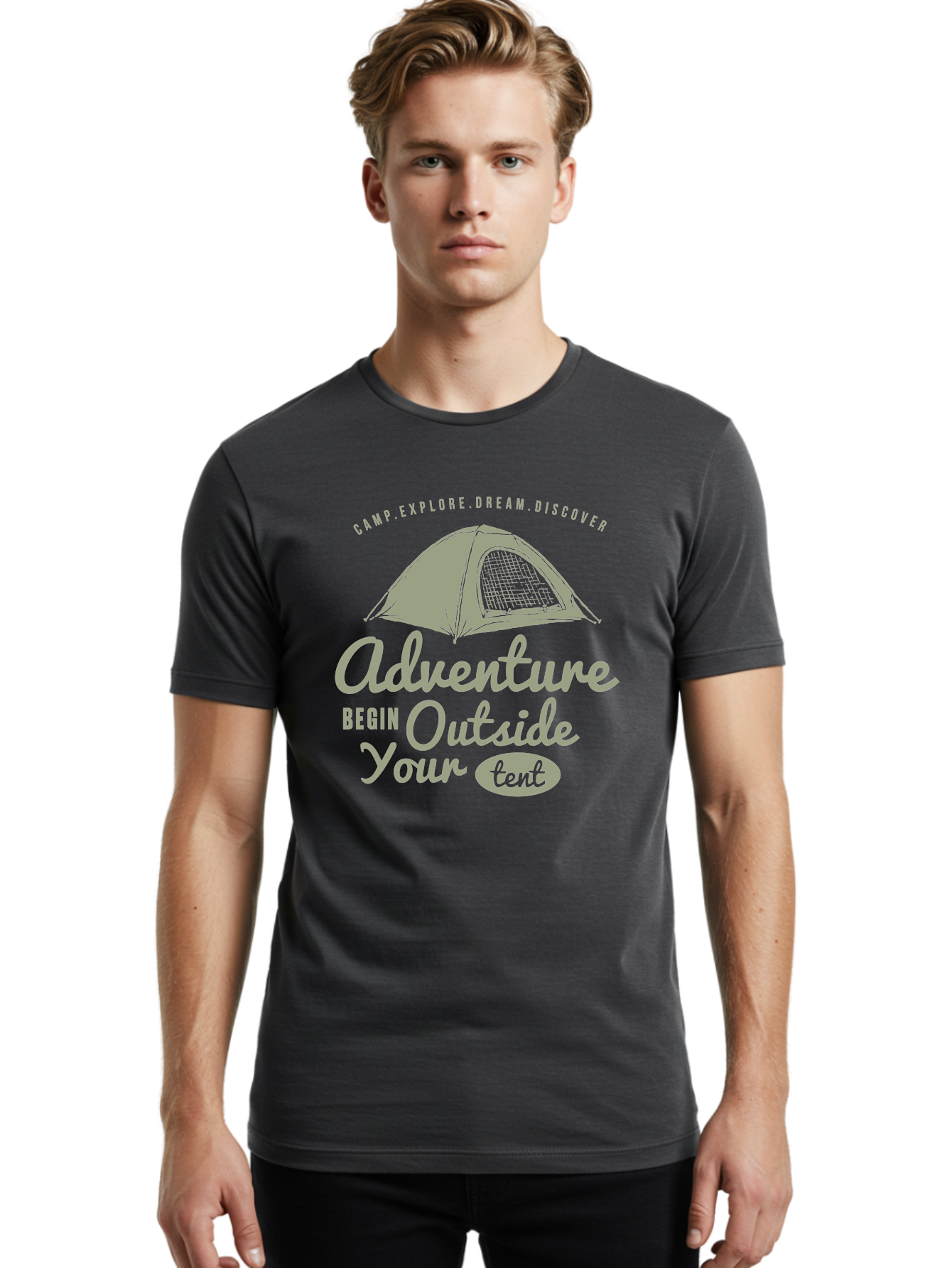 Adventure Begin Outside Your Tent Men'S Graphic Tee, 100% Cotton, Comfortable Casual Summer Wear, Machine Washable, Camping Adventure, Outdoor Activities, Tent Camping, Wilderness Exploration, Nature Escape, Camping Quotes, Adventure Begins, Aae094