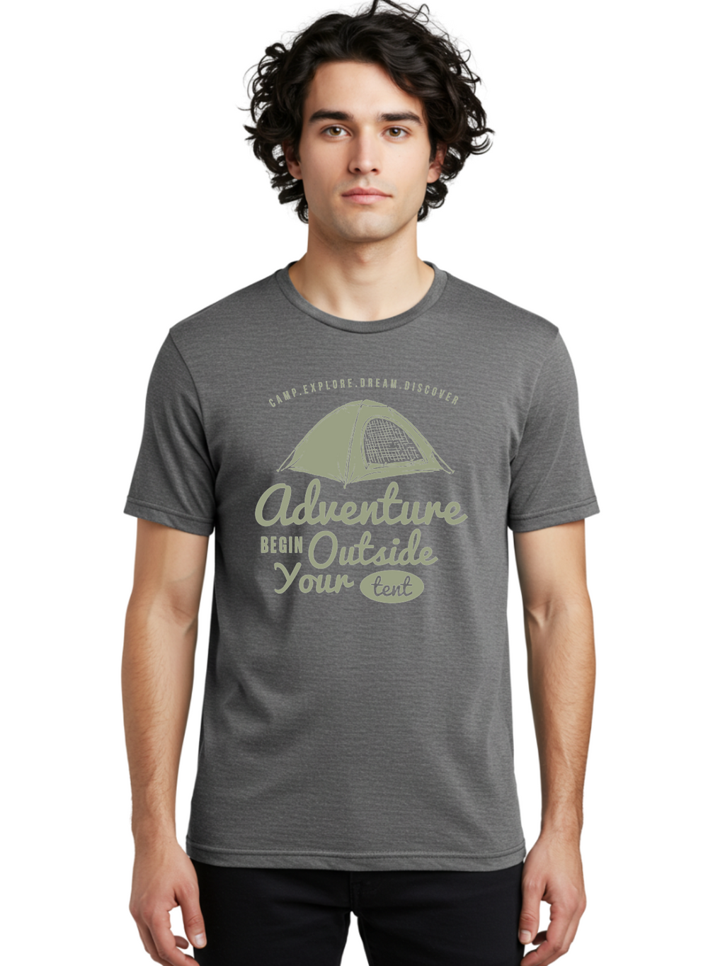 Adventure Begin Outside Your Tent Men'S Graphic Tee, 100% Cotton, Comfortable Casual Summer Wear, Machine Washable, Camping Adventure, Outdoor Activities, Tent Camping, Wilderness Exploration, Nature Escape, Camping Quotes, Adventure Begins, Aae094