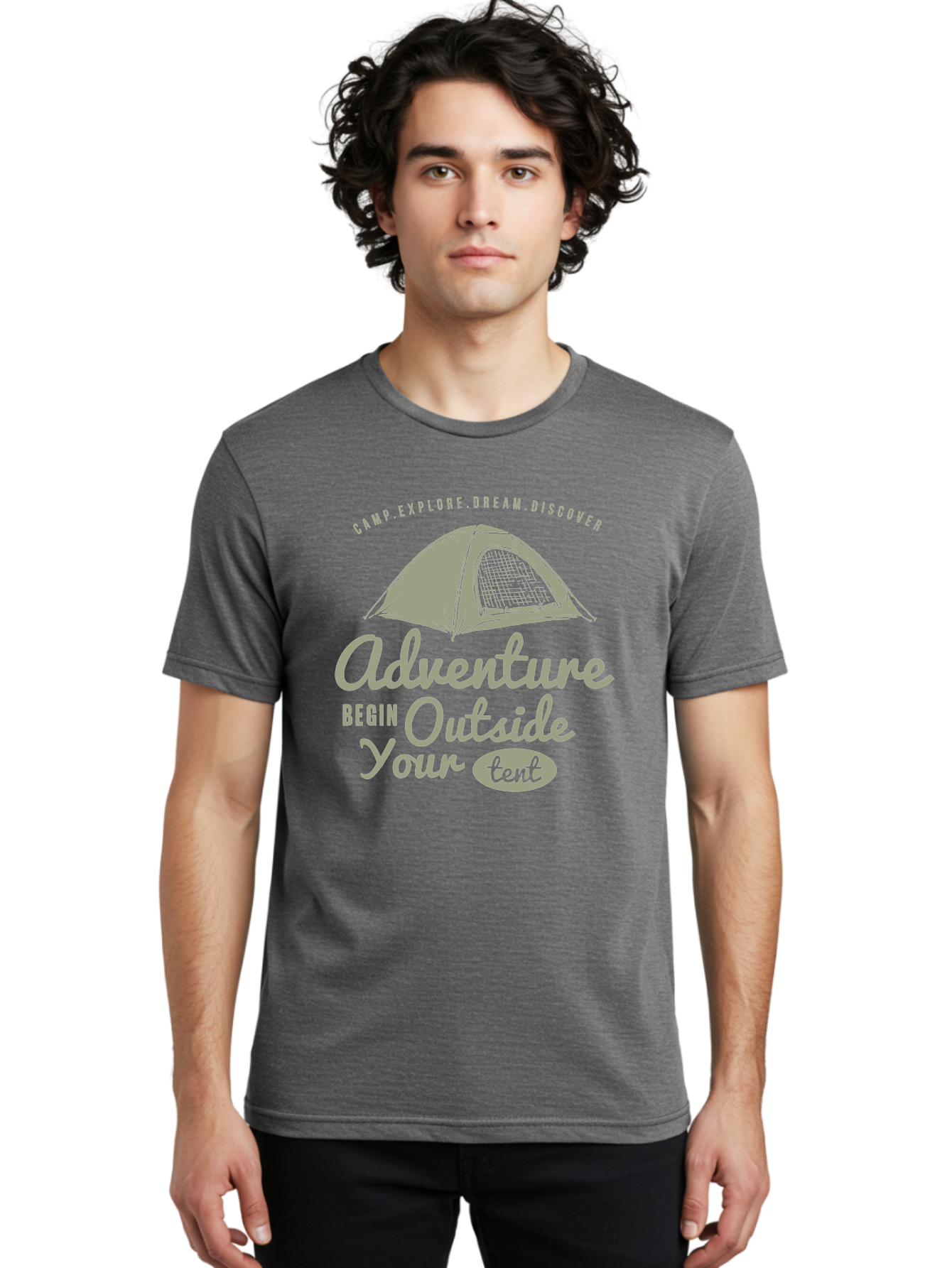 Adventure Begin Outside Your Tent Men'S Graphic Tee, 100% Cotton, Comfortable Casual Summer Wear, Machine Washable, Camping Adventure, Outdoor Activities, Tent Camping, Wilderness Exploration, Nature Escape, Camping Quotes, Adventure Begins, Aae094