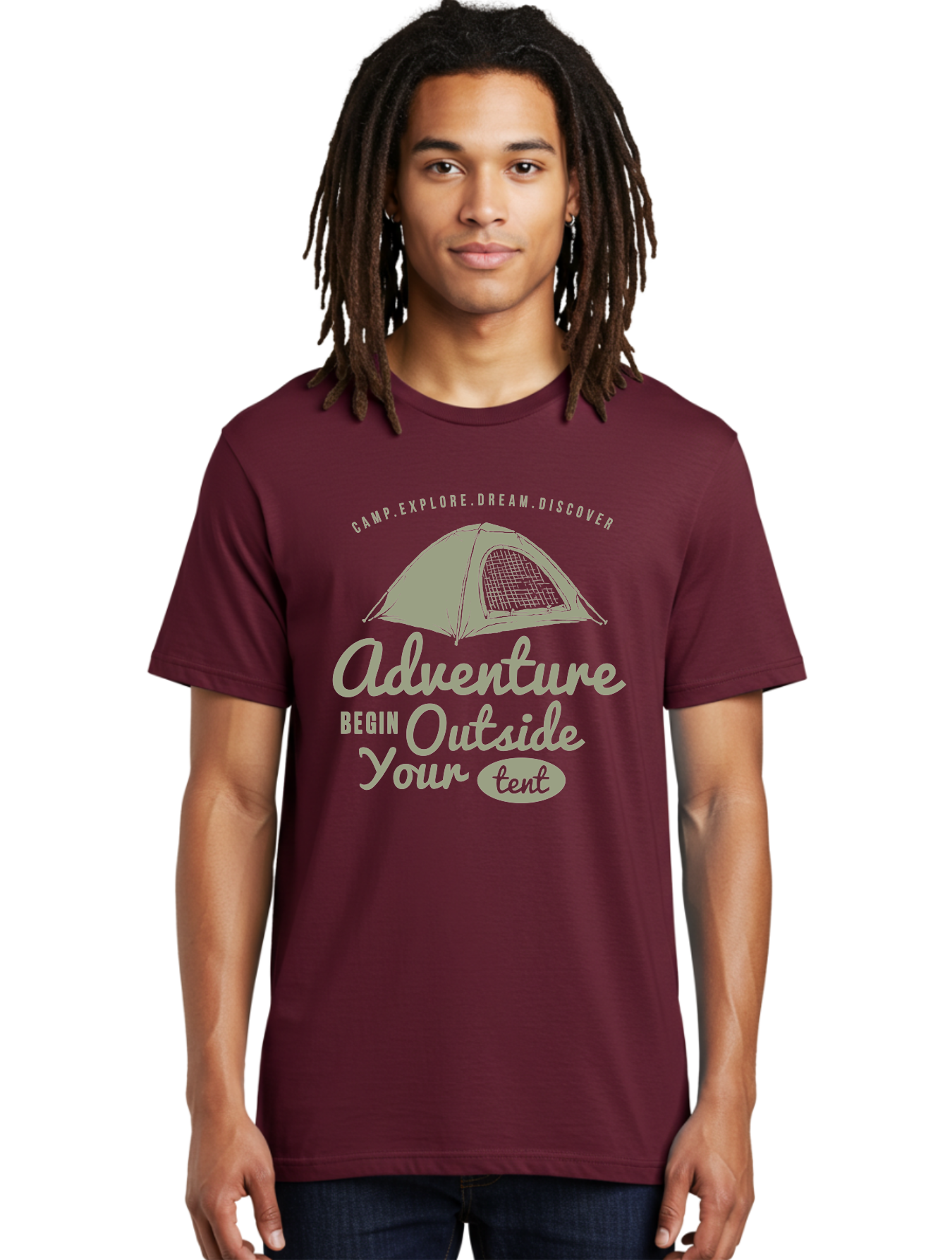 Adventure Begin Outside Your Tent Men'S Graphic Tee, 100% Cotton, Comfortable Casual Summer Wear, Machine Washable, Camping Adventure, Outdoor Activities, Tent Camping, Wilderness Exploration, Nature Escape, Camping Quotes, Adventure Begins, Aae094