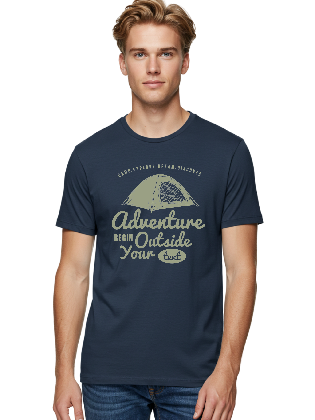 Adventure Begin Outside Your Tent Men'S Graphic Tee, 100% Cotton, Comfortable Casual Summer Wear, Machine Washable, Camping Adventure, Outdoor Activities, Tent Camping, Wilderness Exploration, Nature Escape, Camping Quotes, Adventure Begins, Aae094
