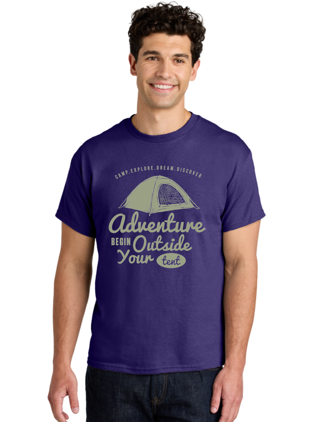 Adventure Begin Outside Your Tent Men'S Graphic Tee, 100% Cotton, Comfortable Casual Summer Wear, Machine Washable, Camping Adventure, Outdoor Activities, Tent Camping, Wilderness Exploration, Nature Escape, Camping Quotes, Adventure Begins, Aae094