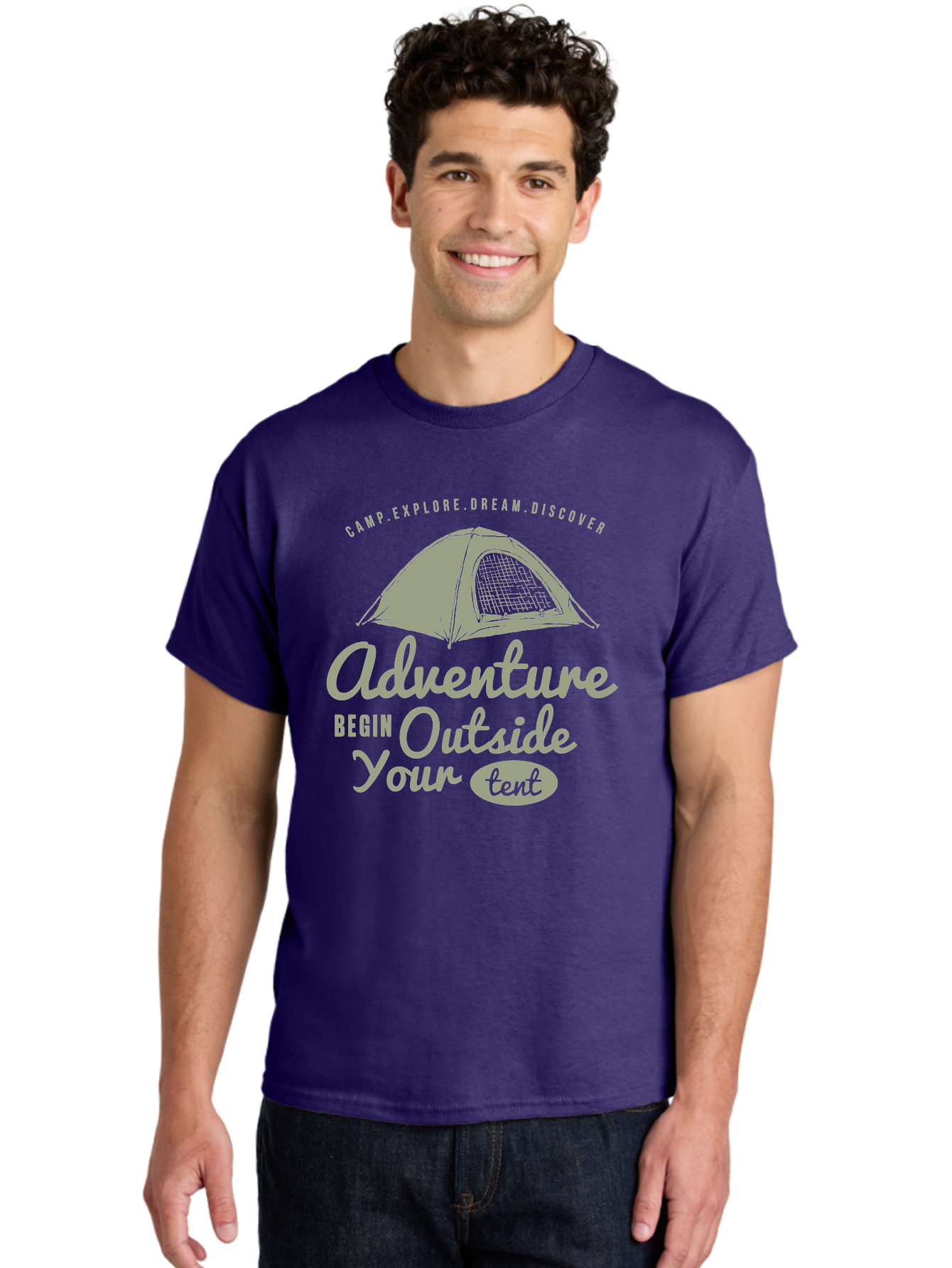 Adventure Begin Outside Your Tent Men'S Graphic Tee, 100% Cotton, Comfortable Casual Summer Wear, Machine Washable, Camping Adventure, Outdoor Activities, Tent Camping, Wilderness Exploration, Nature Escape, Camping Quotes, Adventure Begins, Aae094