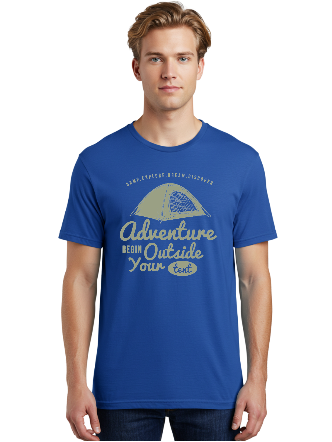 Adventure Begin Outside Your Tent Men'S Graphic Tee, 100% Cotton, Comfortable Casual Summer Wear, Machine Washable, Camping Adventure, Outdoor Activities, Tent Camping, Wilderness Exploration, Nature Escape, Camping Quotes, Adventure Begins, Aae094