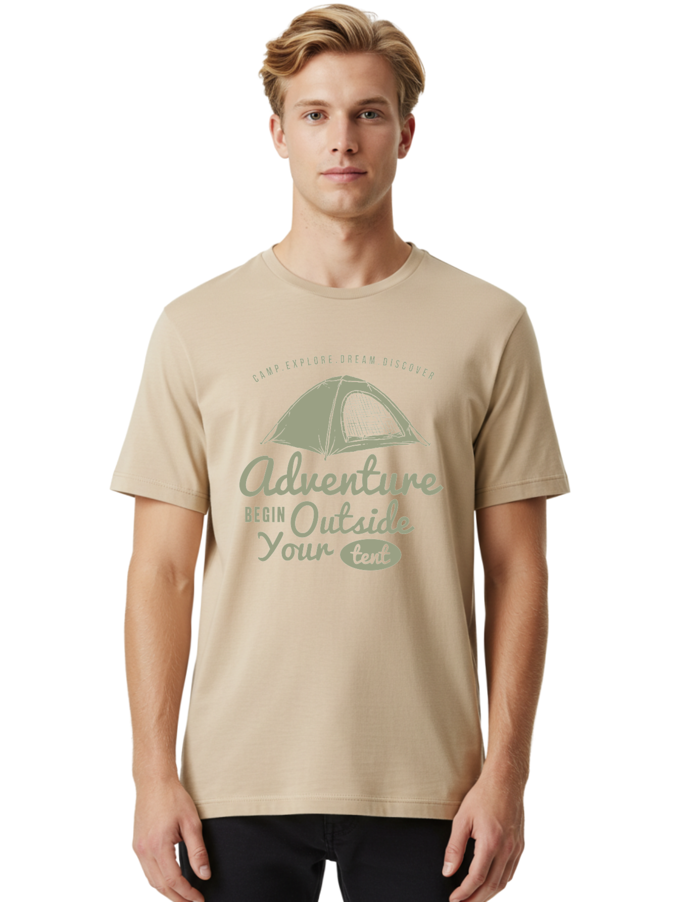 Adventure Begin Outside Your Tent Men'S Graphic Tee, 100% Cotton, Comfortable Casual Summer Wear, Machine Washable, Camping Adventure, Outdoor Activities, Tent Camping, Wilderness Exploration, Nature Escape, Camping Quotes, Adventure Begins, Aae094
