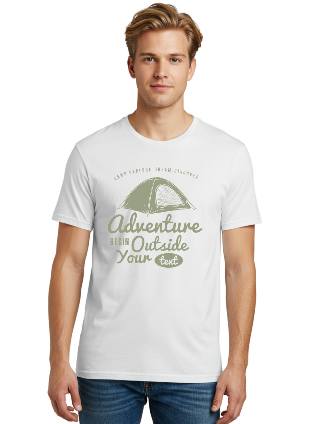 Adventure Begin Outside Your Tent Men'S Graphic Tee, 100% Cotton, Comfortable Casual Summer Wear, Machine Washable, Camping Adventure, Outdoor Activities, Tent Camping, Wilderness Exploration, Nature Escape, Camping Quotes, Adventure Begins, Aae094