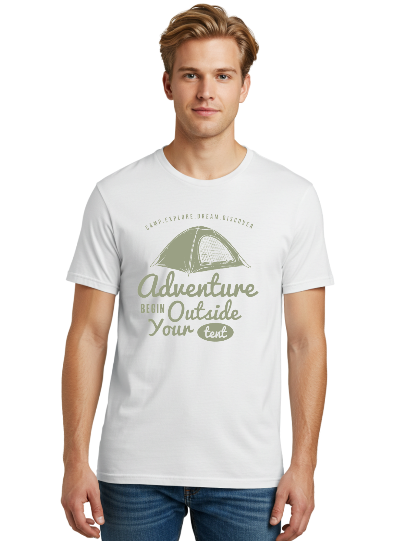 Adventure Begin Outside Your Tent Men'S Graphic Tee, 100% Cotton, Comfortable Casual Summer Wear, Machine Washable, Camping Adventure, Outdoor Activities, Tent Camping, Wilderness Exploration, Nature Escape, Camping Quotes, Adventure Begins, Aae094