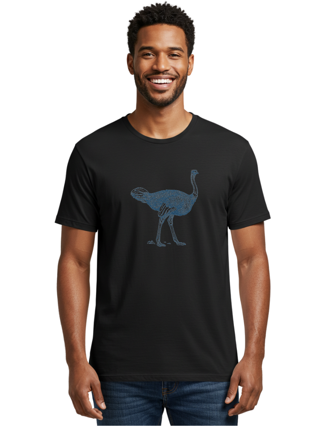 African Ostrich Walk Men'S Graphic Tee, 100% Cotton, Comfortable Casual Summer Wear, Machine Washable, Ostrich Illustration, Bird Drawing, Wildlife Art, Long Neck, Large Bird, Detailed Feathers, Line Art, Fauna, Avian Aae095