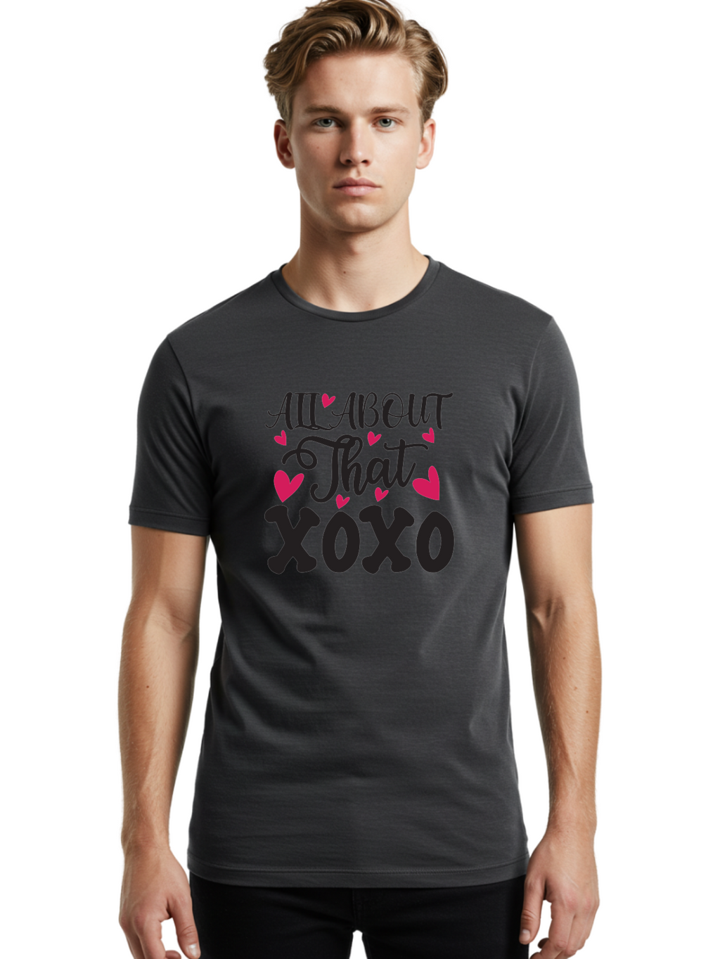 All About That Xoxo Men'S Graphic Tee, 100% Cotton, Comfortable Casual Summer Wear, Machine Washable, Love Quotes, Heart Graphics, Xoxo Phrase, Pink Hearts, Black Typography, Valentines Day, Love Messages, Heart Shapes, Kisses And Hugs Aae097