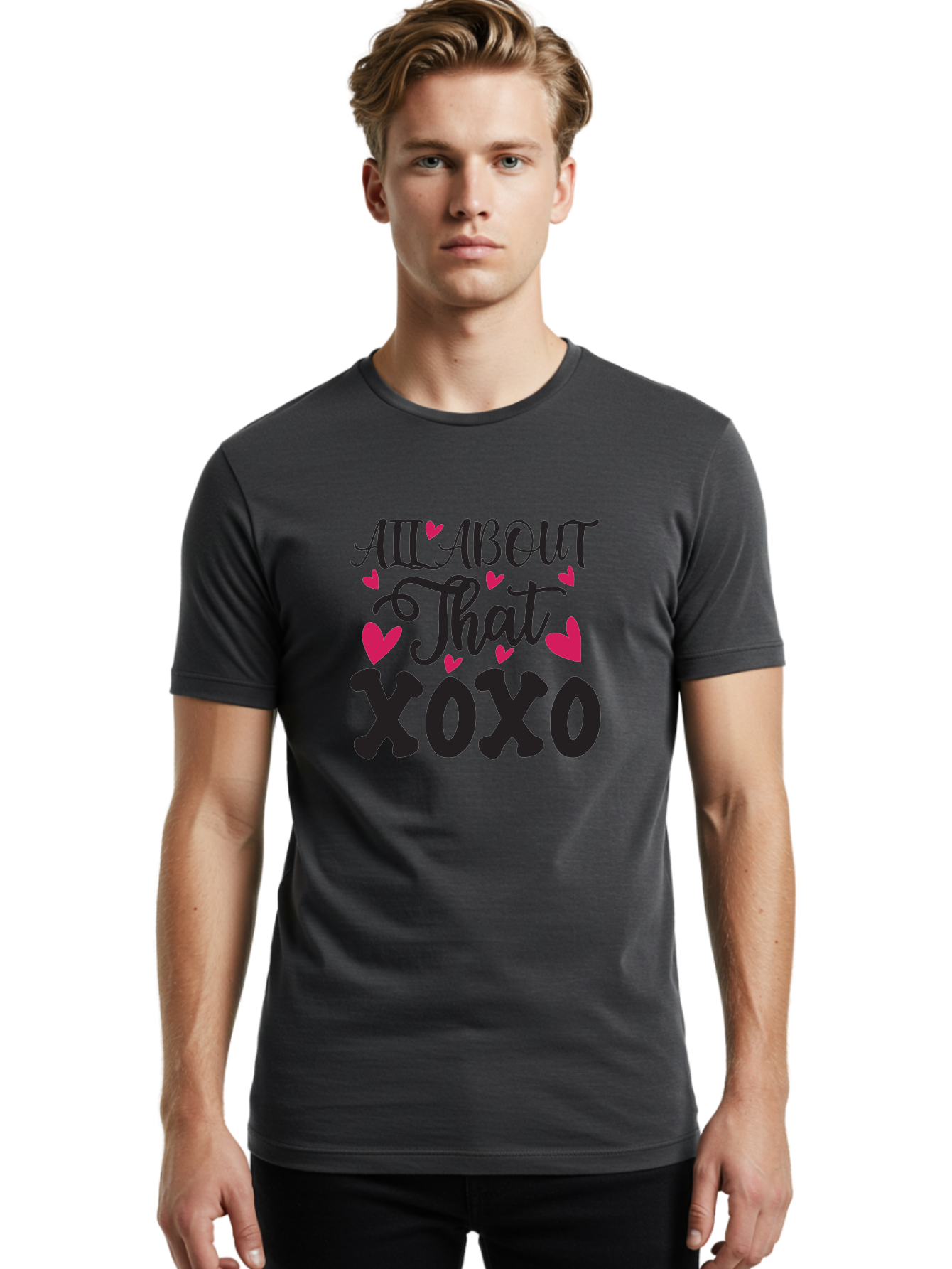 All About That Xoxo Men'S Graphic Tee, 100% Cotton, Comfortable Casual Summer Wear, Machine Washable, Love Quotes, Heart Graphics, Xoxo Phrase, Pink Hearts, Black Typography, Valentines Day, Love Messages, Heart Shapes, Kisses And Hugs Aae097