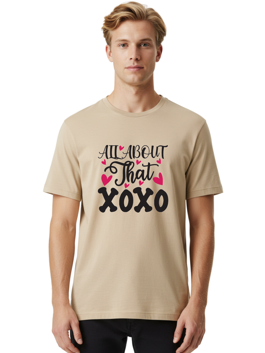 All About That Xoxo Men'S Graphic Tee, 100% Cotton, Comfortable Casual Summer Wear, Machine Washable, Love Quotes, Heart Graphics, Xoxo Phrase, Pink Hearts, Black Typography, Valentines Day, Love Messages, Heart Shapes, Kisses And Hugs Aae097