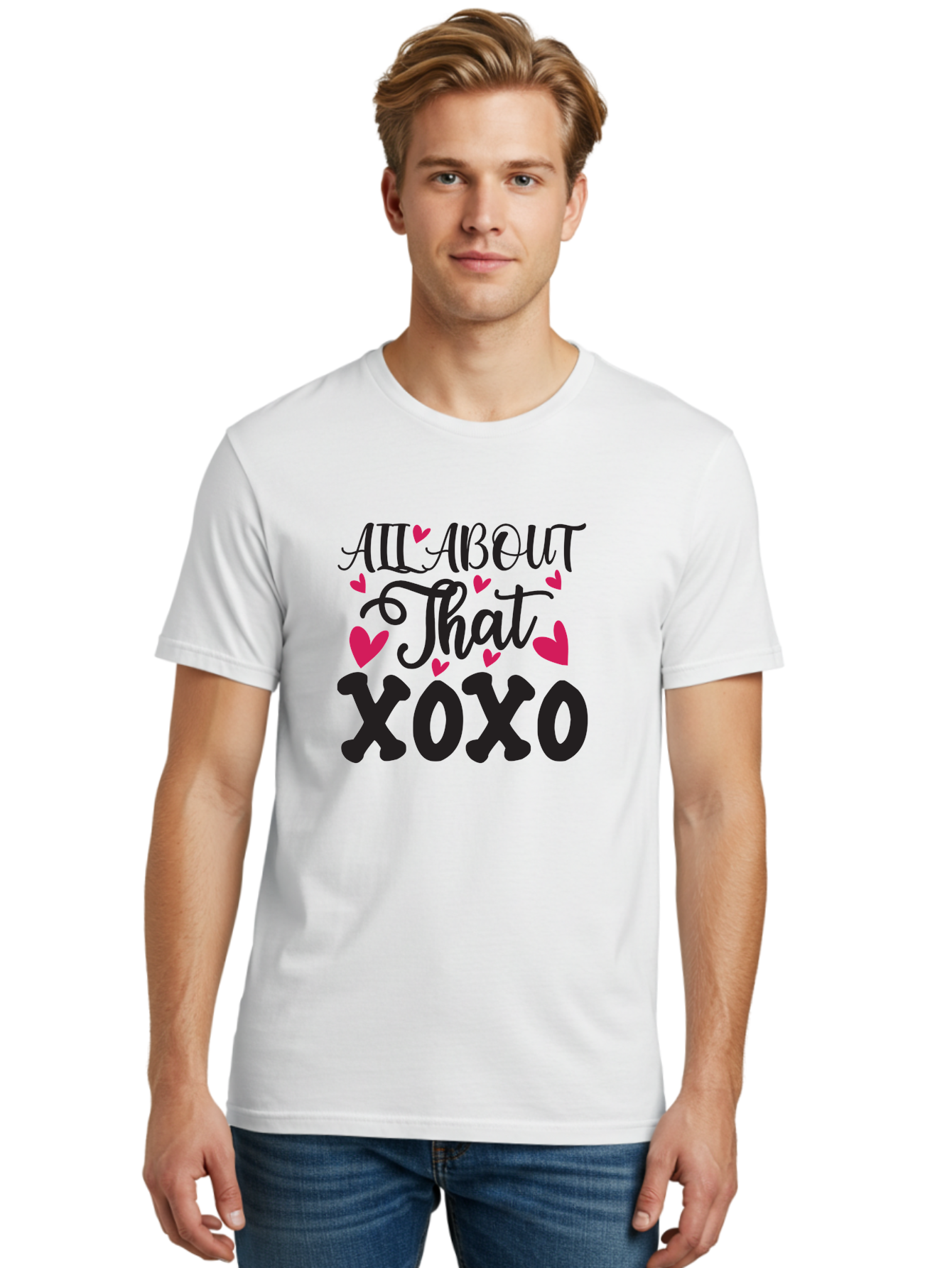 All About That Xoxo Men'S Graphic Tee, 100% Cotton, Comfortable Casual Summer Wear, Machine Washable, Love Quotes, Heart Graphics, Xoxo Phrase, Pink Hearts, Black Typography, Valentines Day, Love Messages, Heart Shapes, Kisses And Hugs Aae097