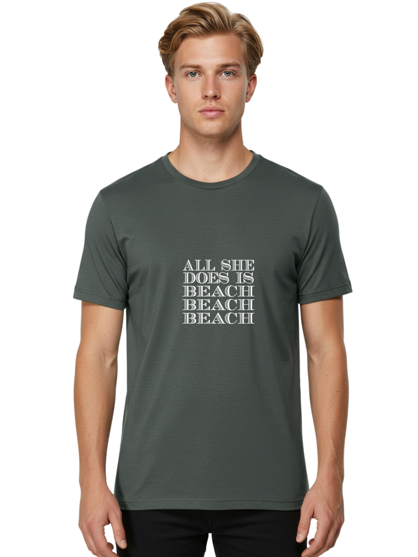All She Does Is Men'S Graphic Tee, 100% Cotton, Comfortable Casual Summer Wear, Machine Washable, Beach Lifestyle, Beach Quotes, Summer Vibes, Coastal Living, Beachy Feel, Positive Affirmations Aae098