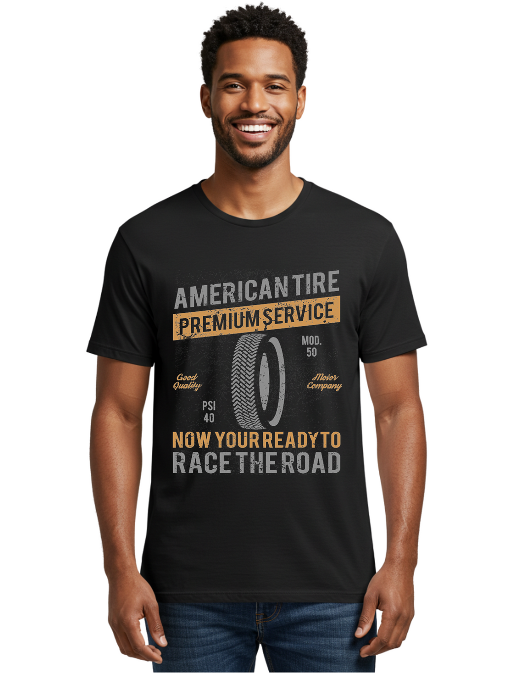 American Tire Distressed Men'S Graphic Tee, 100% Cotton, Comfortable Casual Summer Wear, Machine Washable, American Tire Premium Service, Vehicle Maintenance, Road Safety, Tire Quality, Good Company, Racing Tires, Automotive Services, Aae101