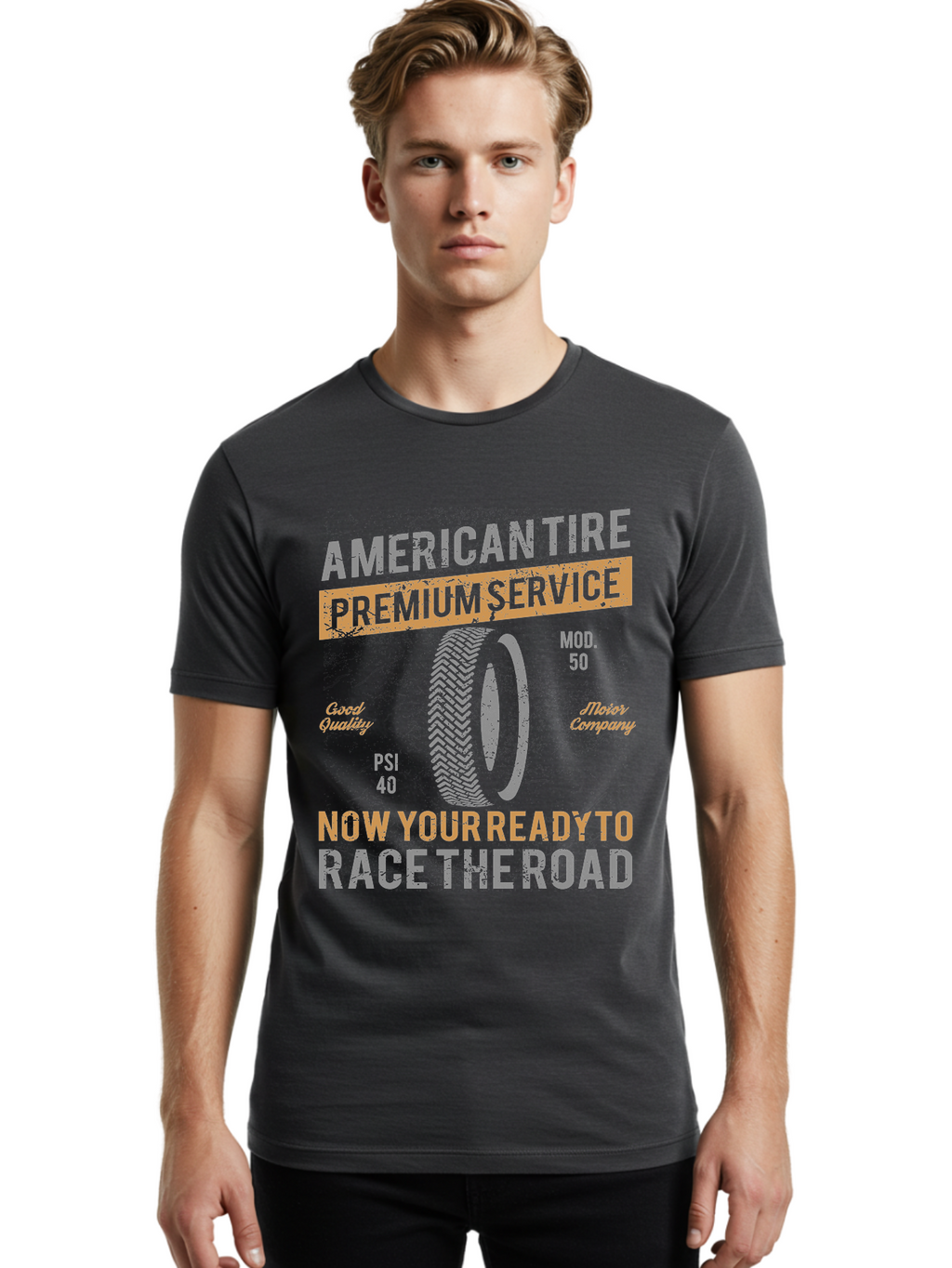 American Tire Distressed Men'S Graphic Tee, 100% Cotton, Comfortable Casual Summer Wear, Machine Washable, American Tire Premium Service, Vehicle Maintenance, Road Safety, Tire Quality, Good Company, Racing Tires, Automotive Services, Aae101