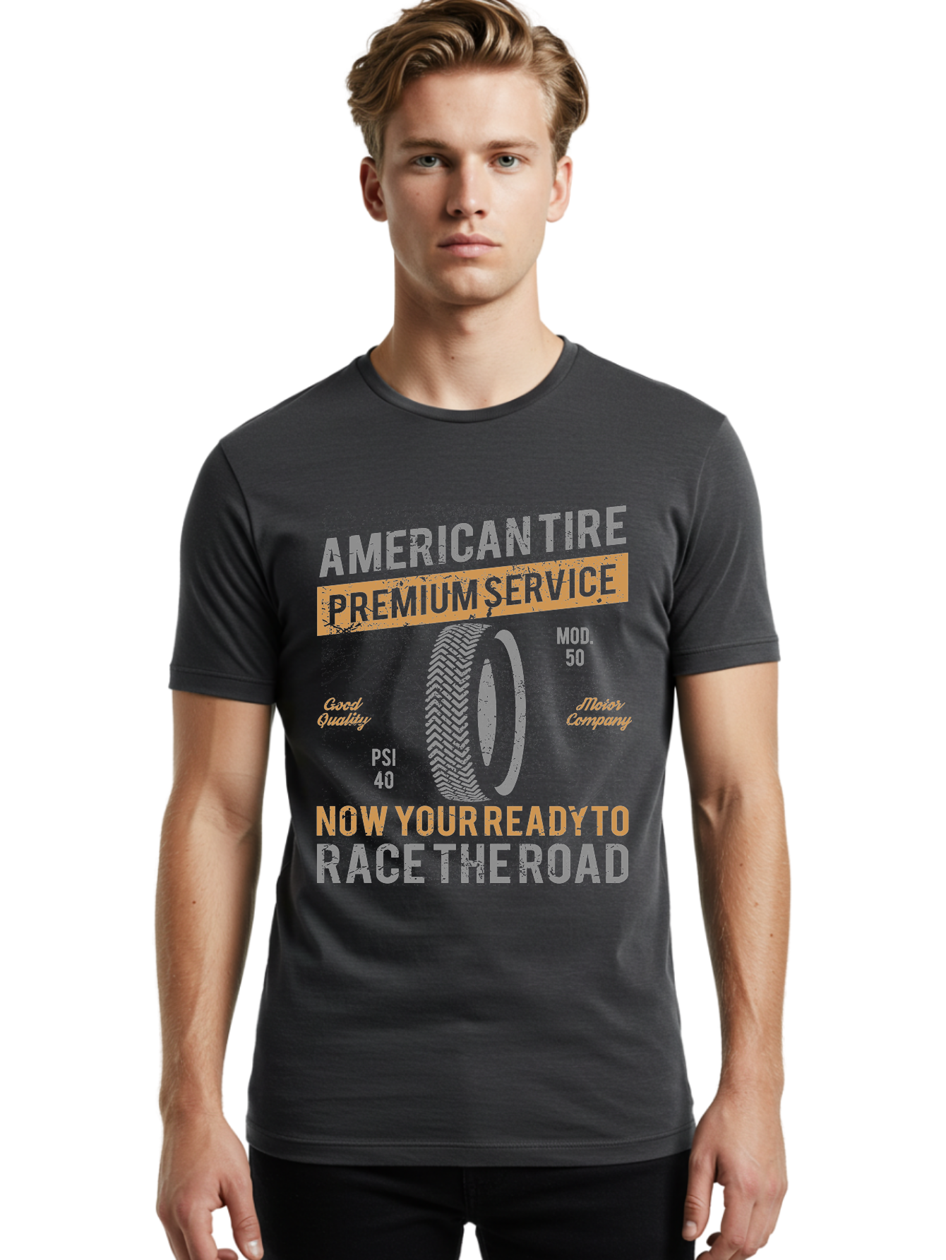 American Tire Distressed Men'S Graphic Tee, 100% Cotton, Comfortable Casual Summer Wear, Machine Washable, American Tire Premium Service, Vehicle Maintenance, Road Safety, Tire Quality, Good Company, Racing Tires, Automotive Services, Aae101