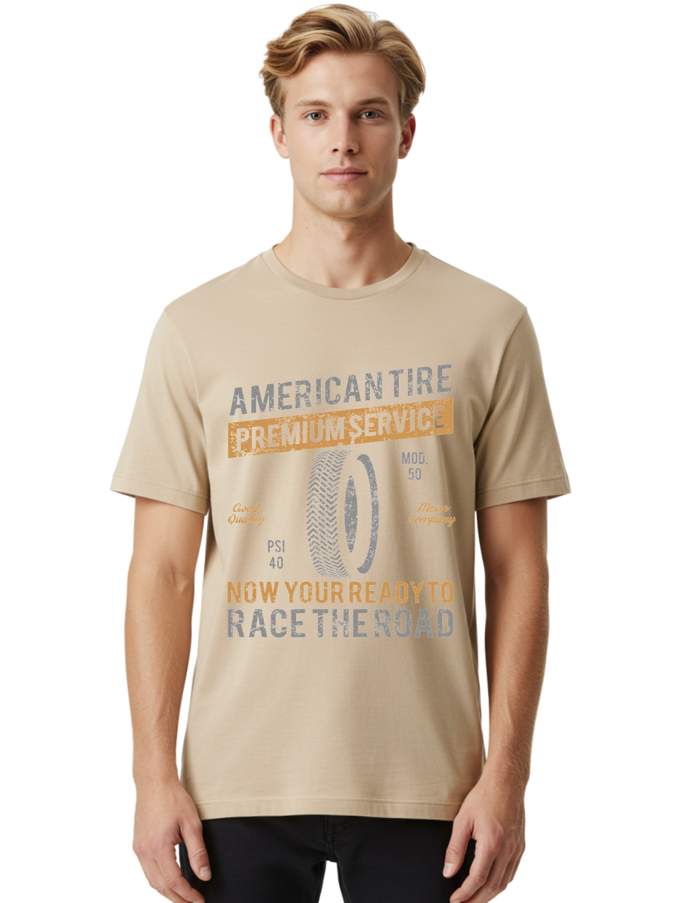 American Tire Distressed Men'S Graphic Tee, 100% Cotton, Comfortable Casual Summer Wear, Machine Washable, American Tire Premium Service, Vehicle Maintenance, Road Safety, Tire Quality, Good Company, Racing Tires, Automotive Services, Aae101