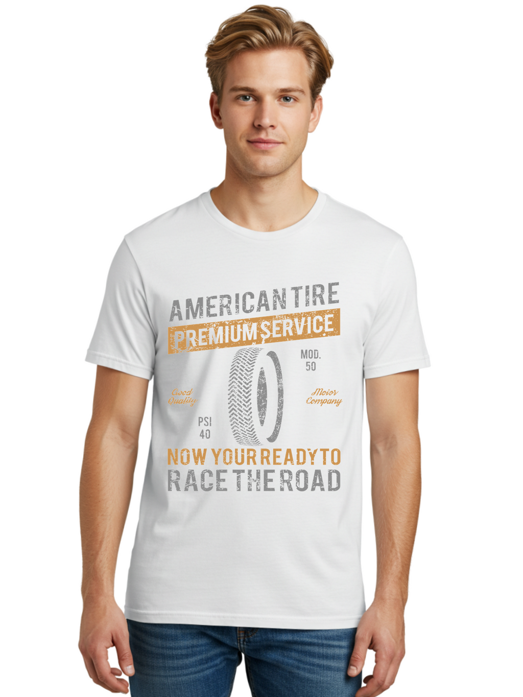 American Tire Distressed Men'S Graphic Tee, 100% Cotton, Comfortable Casual Summer Wear, Machine Washable, American Tire Premium Service, Vehicle Maintenance, Road Safety, Tire Quality, Good Company, Racing Tires, Automotive Services, Aae101