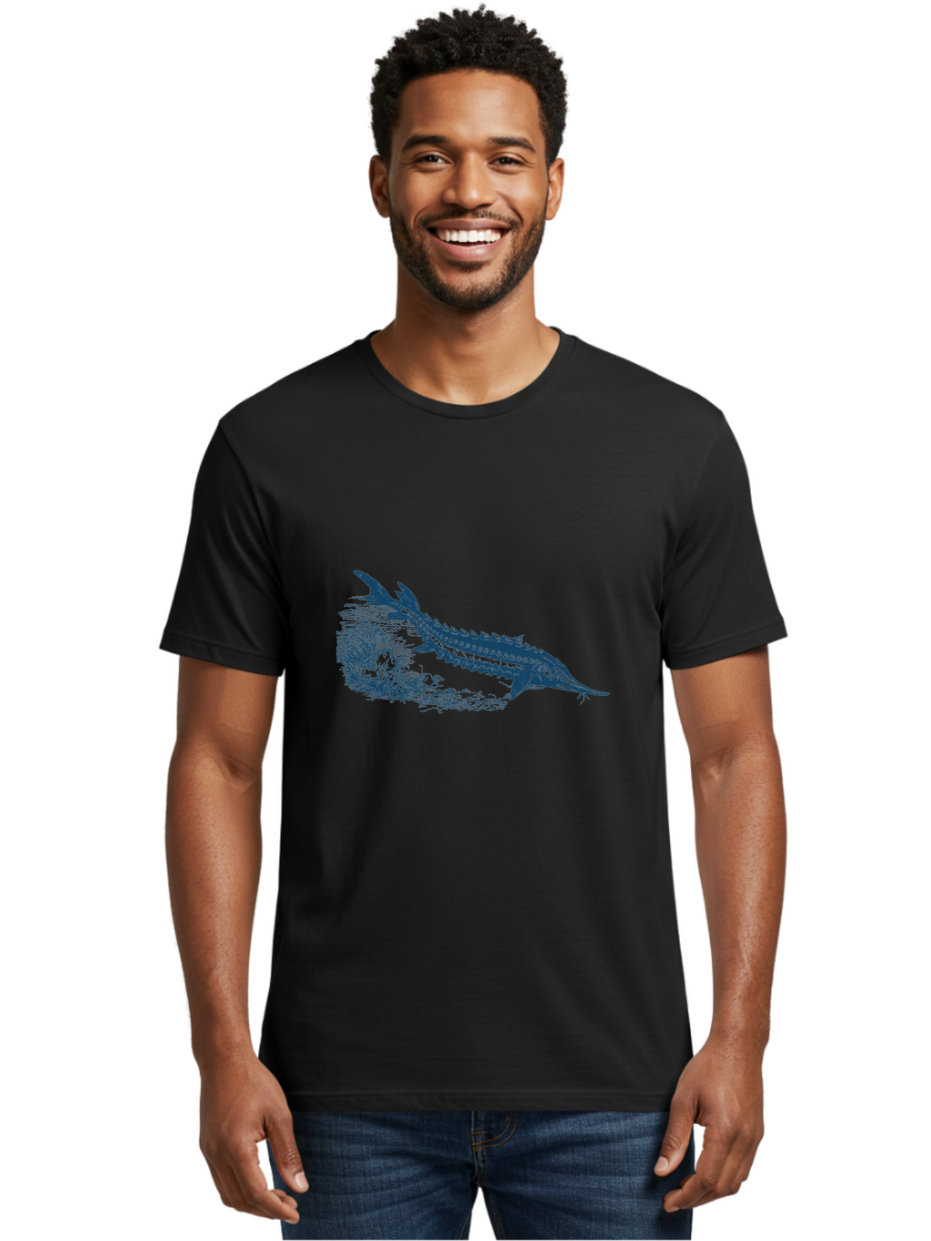 Ancient River Fish Men'S Graphic Tee, 100% Cotton, Comfortable Casual Summer Wear, Machine Washable, Sturgeon Fish, Aquatic Life, Marine Biology, Fish Illustration, Detailed Drawing, Underwater World, Wildlife Art Aae103
