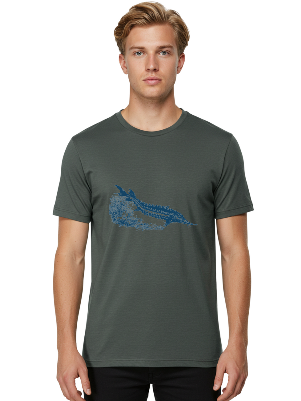 Ancient River Fish Men'S Graphic Tee, 100% Cotton, Comfortable Casual Summer Wear, Machine Washable, Sturgeon Fish, Aquatic Life, Marine Biology, Fish Illustration, Detailed Drawing, Underwater World, Wildlife Art Aae103
