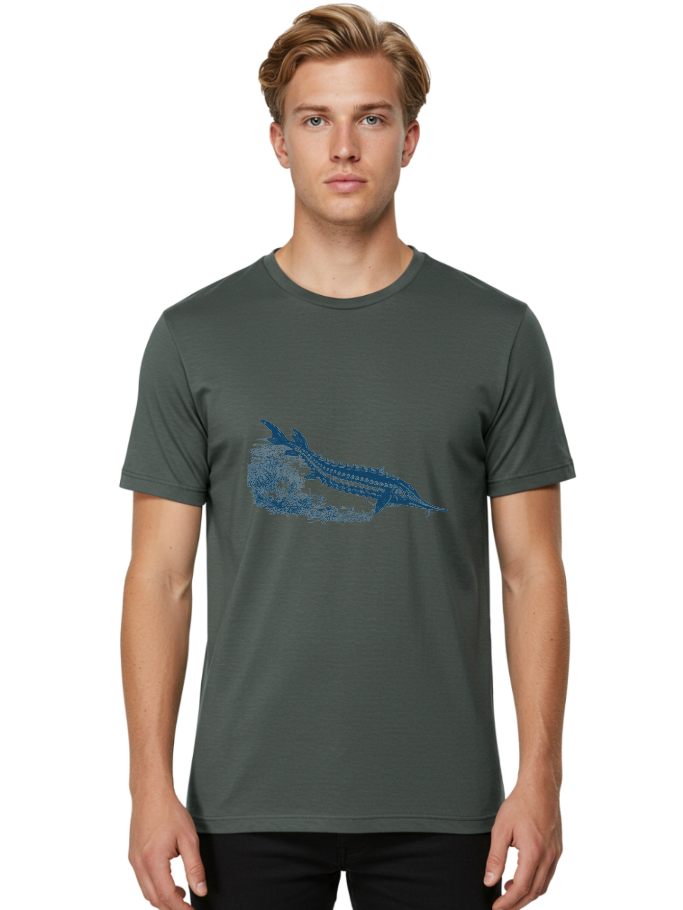 Ancient River Fish Men'S Graphic Tee, 100% Cotton, Comfortable Casual Summer Wear, Machine Washable, Sturgeon Fish, Aquatic Life, Marine Biology, Fish Illustration, Detailed Drawing, Underwater World, Wildlife Art Aae103