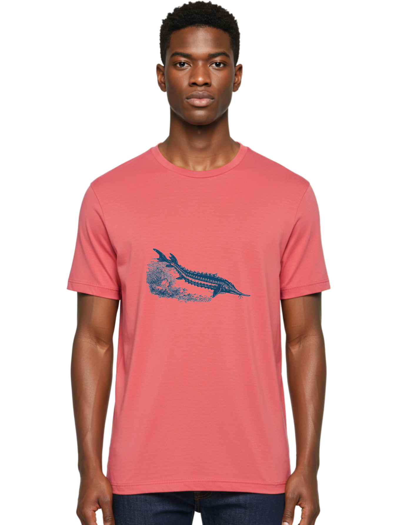 Ancient River Fish Men'S Graphic Tee, 100% Cotton, Comfortable Casual Summer Wear, Machine Washable, Sturgeon Fish, Aquatic Life, Marine Biology, Fish Illustration, Detailed Drawing, Underwater World, Wildlife Art Aae103