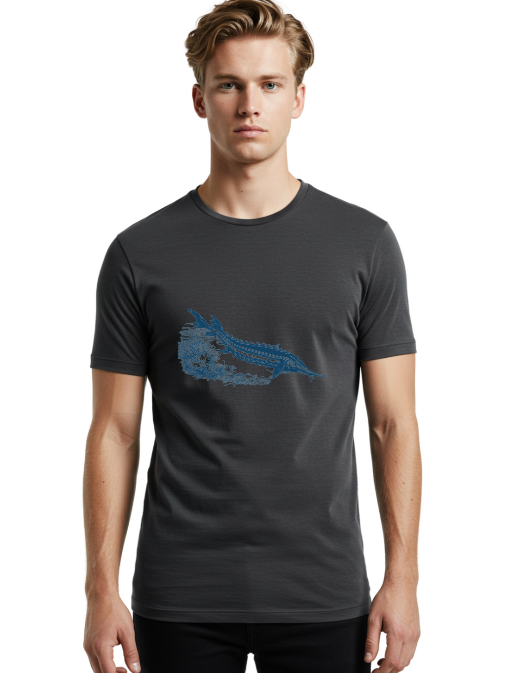 Ancient River Fish Men'S Graphic Tee, 100% Cotton, Comfortable Casual Summer Wear, Machine Washable, Sturgeon Fish, Aquatic Life, Marine Biology, Fish Illustration, Detailed Drawing, Underwater World, Wildlife Art Aae103