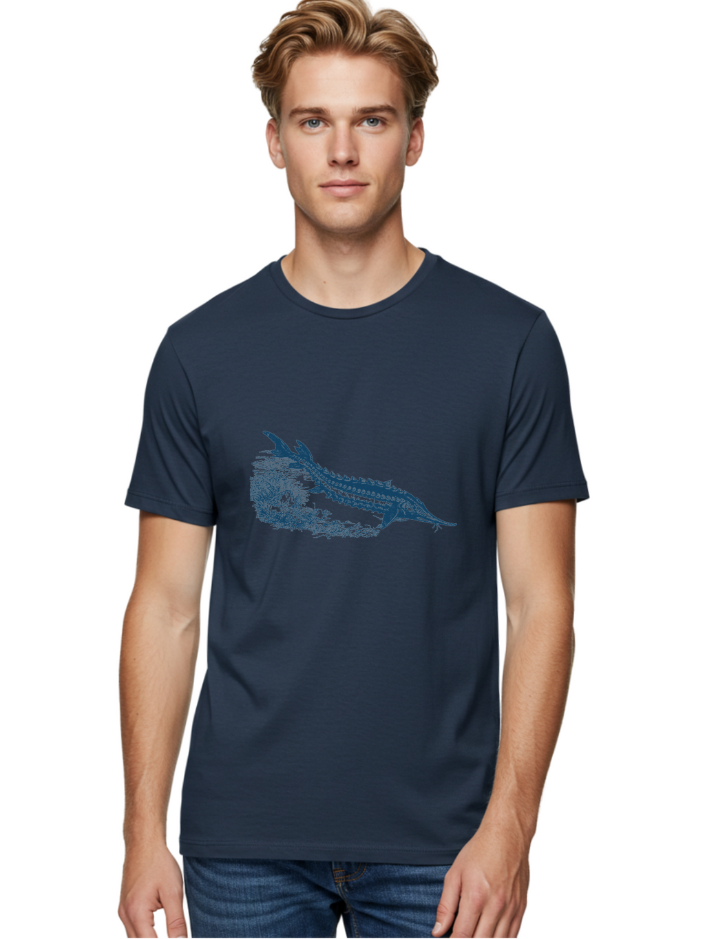 Ancient River Fish Men'S Graphic Tee, 100% Cotton, Comfortable Casual Summer Wear, Machine Washable, Sturgeon Fish, Aquatic Life, Marine Biology, Fish Illustration, Detailed Drawing, Underwater World, Wildlife Art Aae103