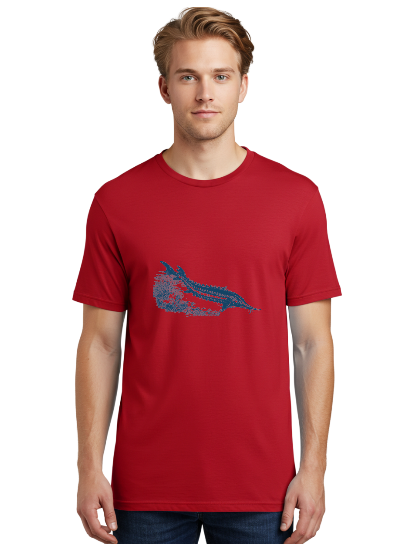 Ancient River Fish Men'S Graphic Tee, 100% Cotton, Comfortable Casual Summer Wear, Machine Washable, Sturgeon Fish, Aquatic Life, Marine Biology, Fish Illustration, Detailed Drawing, Underwater World, Wildlife Art Aae103
