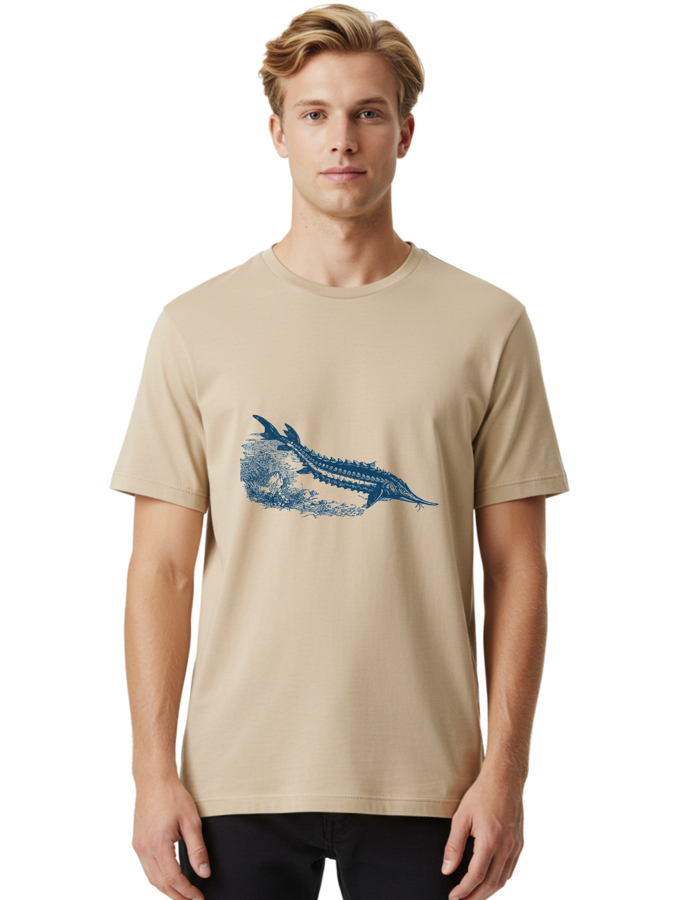 Ancient River Fish Men'S Graphic Tee, 100% Cotton, Comfortable Casual Summer Wear, Machine Washable, Sturgeon Fish, Aquatic Life, Marine Biology, Fish Illustration, Detailed Drawing, Underwater World, Wildlife Art Aae103