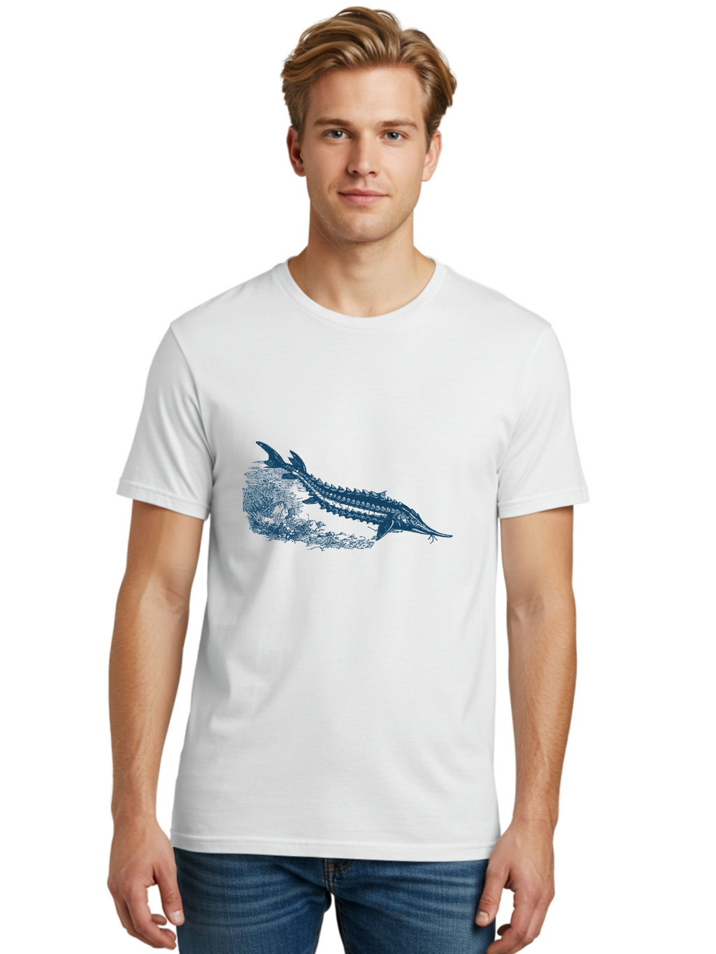 Ancient River Fish Men'S Graphic Tee, 100% Cotton, Comfortable Casual Summer Wear, Machine Washable, Sturgeon Fish, Aquatic Life, Marine Biology, Fish Illustration, Detailed Drawing, Underwater World, Wildlife Art Aae103