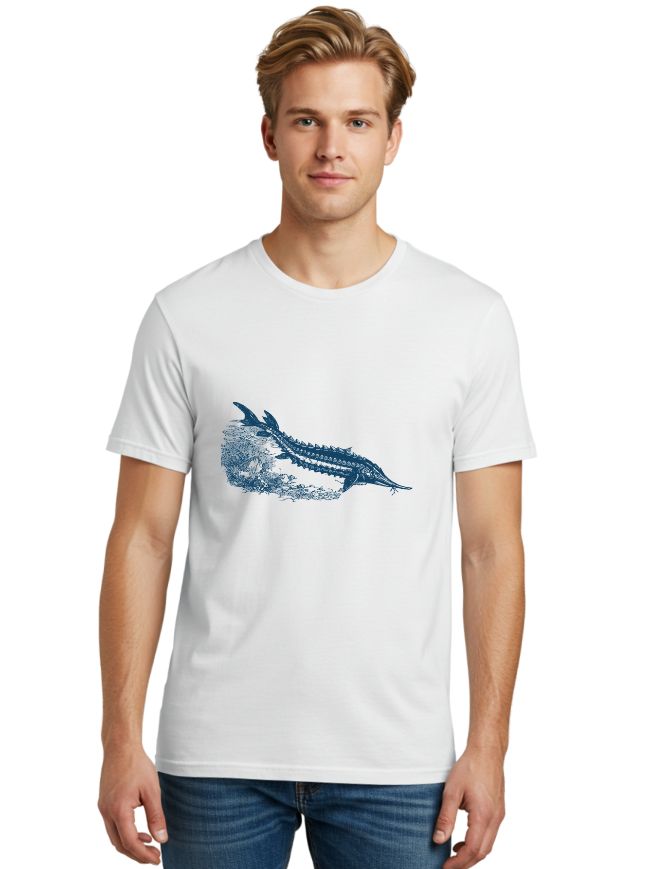 Ancient River Fish Men'S Graphic Tee, 100% Cotton, Comfortable Casual Summer Wear, Machine Washable, Sturgeon Fish, Aquatic Life, Marine Biology, Fish Illustration, Detailed Drawing, Underwater World, Wildlife Art Aae103