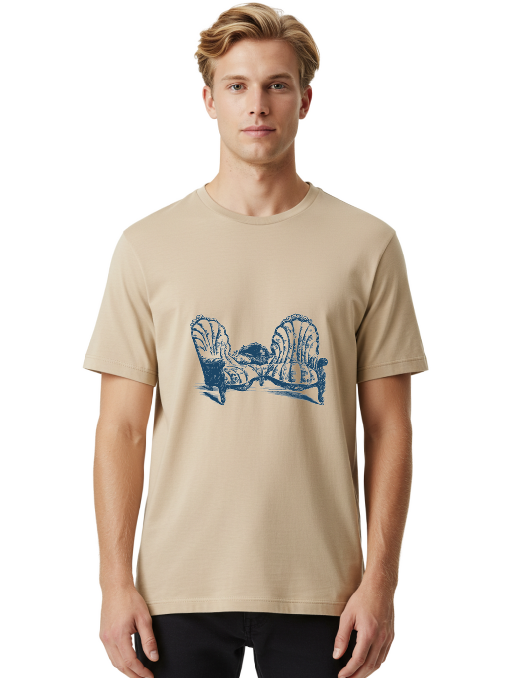 Antique Bloom Sofa Men'S Graphic Tee, 100% Cotton, Comfortable Casual Summer Wear, Machine Washable, Vintage Couch, Ornate Furniture, Reclining Woman, Luxurious Decor, Antique Style, Elegant Atmosphere, Relaxation, Classic Design Aae106