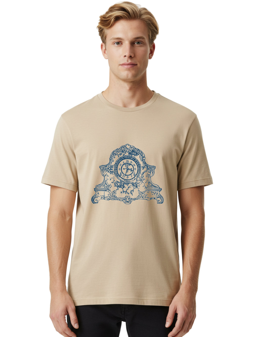 Antique Floral Clock Men'S Graphic Tee, 100% Cotton, Comfortable Casual Summer Wear, Machine Washable, Antique Clock Face, Roman Numerals, Ornate Details, Floral Patterns, Vintage Design, Classic Elegance, Timepiece, Traditional Decor, Aae108