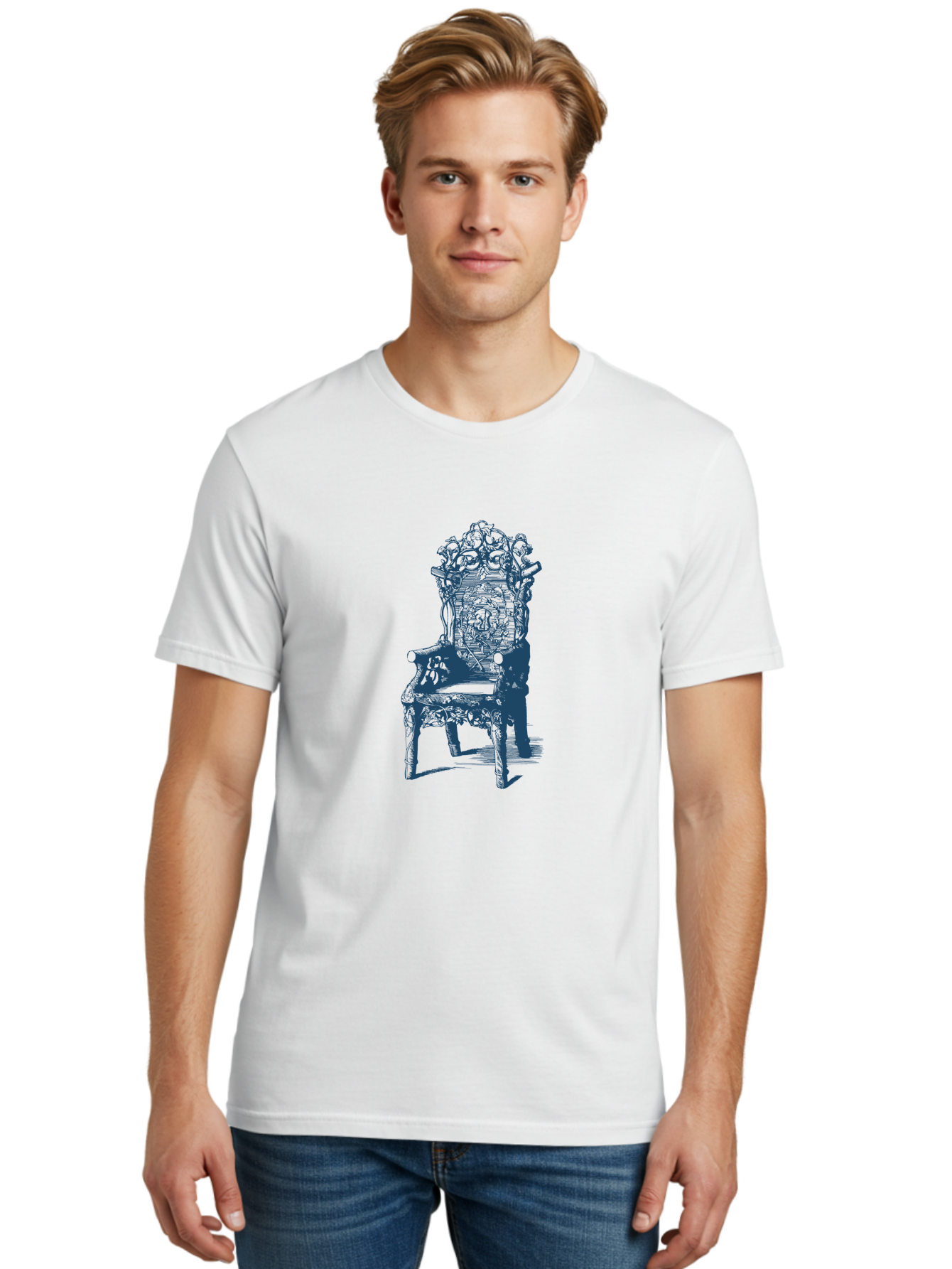 Antique Royal Chair Men'S Graphic Tee, 100% Cotton, Comfortable Casual Summer Wear, Machine Washable, Chair, Abstract Art, Surreal Design, Futuristic Furniture, Intricate Details, Complex Structure, Modern Illustration, Creative Concept Aae111