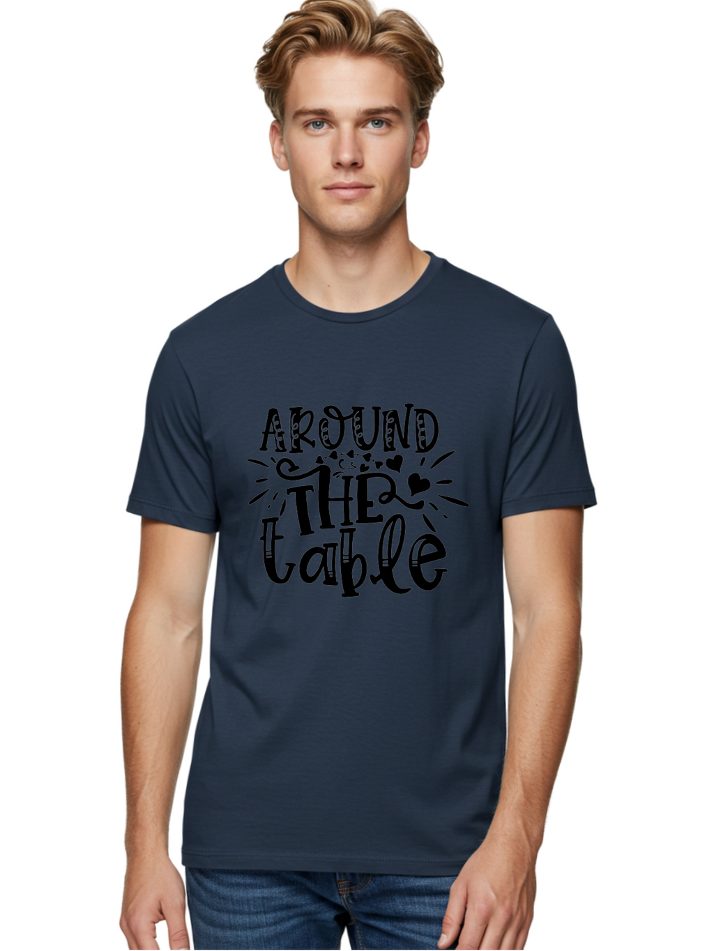 Around The Table Men'S Graphic Tee, 100% Cotton, Comfortable Casual Summer Wear, Machine Washable, Gathering Around The Table, Family Dinner, Love And Connection, Hearts And Decorations, Social Bonding, Community Building, Table Setting Ideas, Aae118