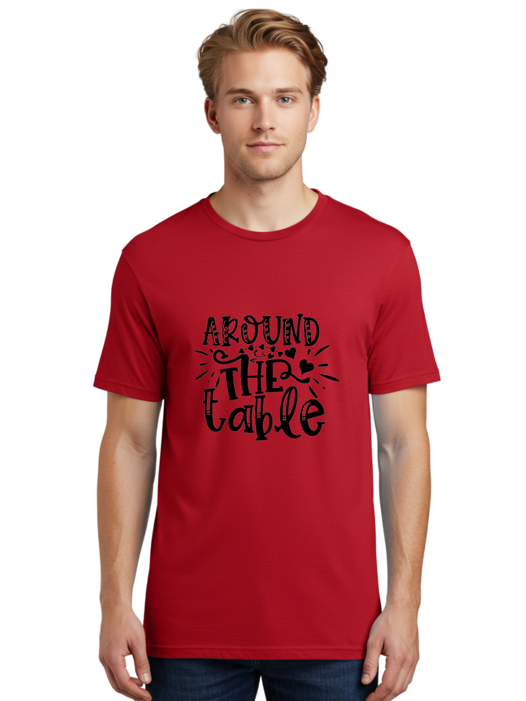 Around The Table Men'S Graphic Tee, 100% Cotton, Comfortable Casual Summer Wear, Machine Washable, Gathering Around The Table, Family Dinner, Love And Connection, Hearts And Decorations, Social Bonding, Community Building, Table Setting Ideas, Aae118