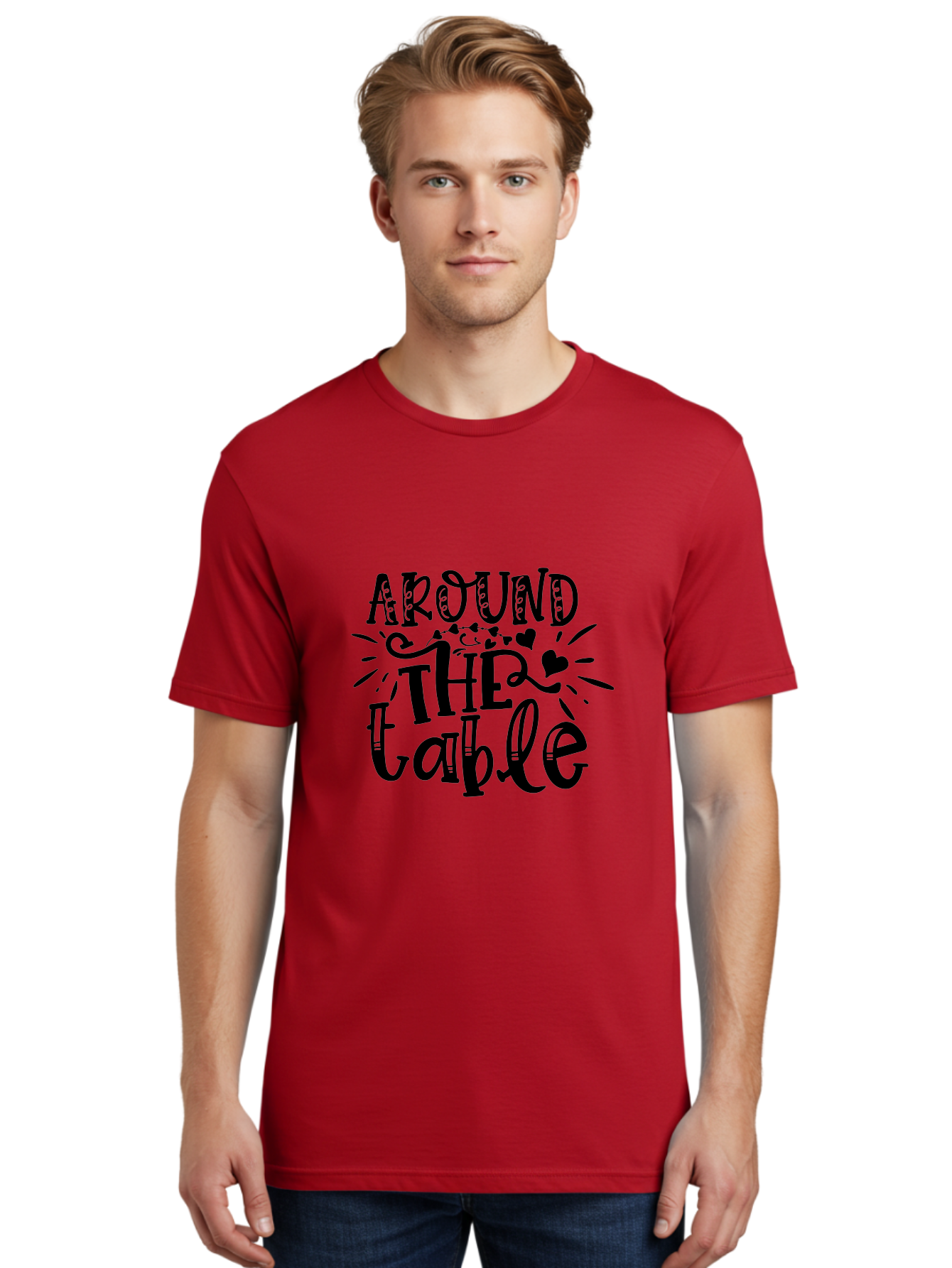 Around The Table Men'S Graphic Tee, 100% Cotton, Comfortable Casual Summer Wear, Machine Washable, Gathering Around The Table, Family Dinner, Love And Connection, Hearts And Decorations, Social Bonding, Community Building, Table Setting Ideas, Aae118