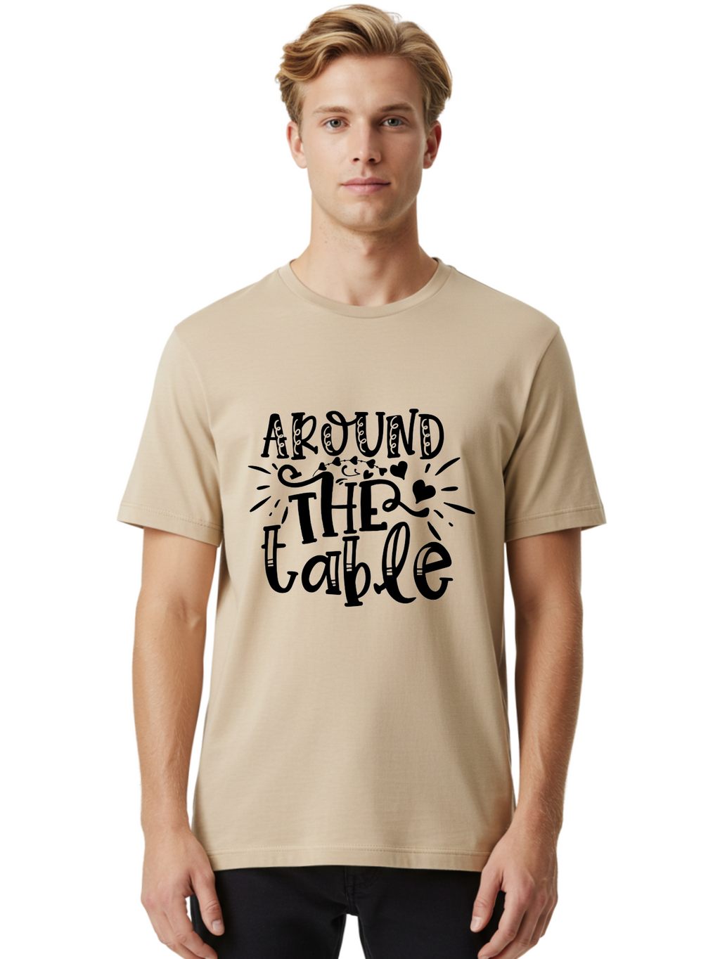 Around The Table Men'S Graphic Tee, 100% Cotton, Comfortable Casual Summer Wear, Machine Washable, Gathering Around The Table, Family Dinner, Love And Connection, Hearts And Decorations, Social Bonding, Community Building, Table Setting Ideas, Aae118