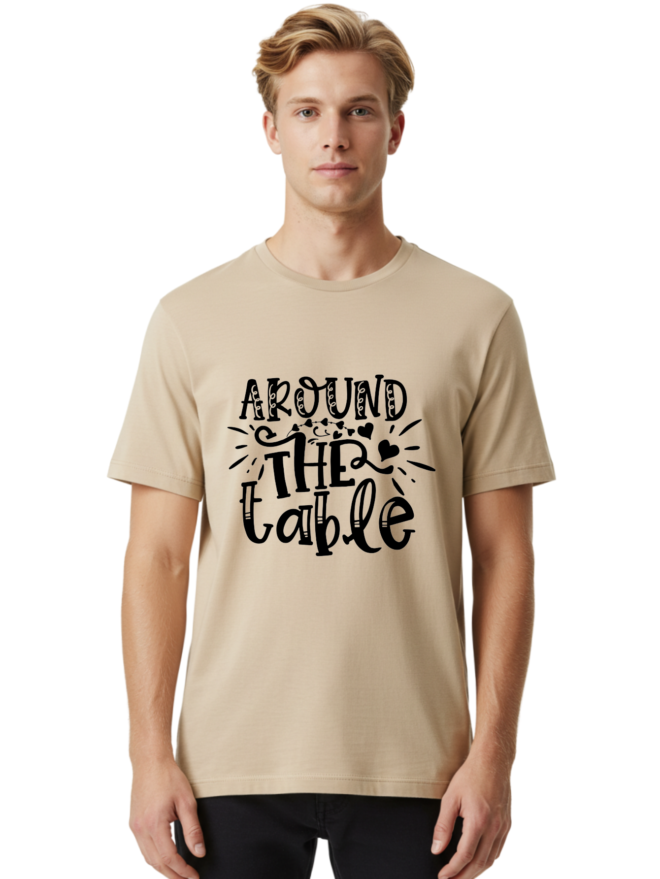 Around The Table Men'S Graphic Tee, 100% Cotton, Comfortable Casual Summer Wear, Machine Washable, Gathering Around The Table, Family Dinner, Love And Connection, Hearts And Decorations, Social Bonding, Community Building, Table Setting Ideas, Aae118