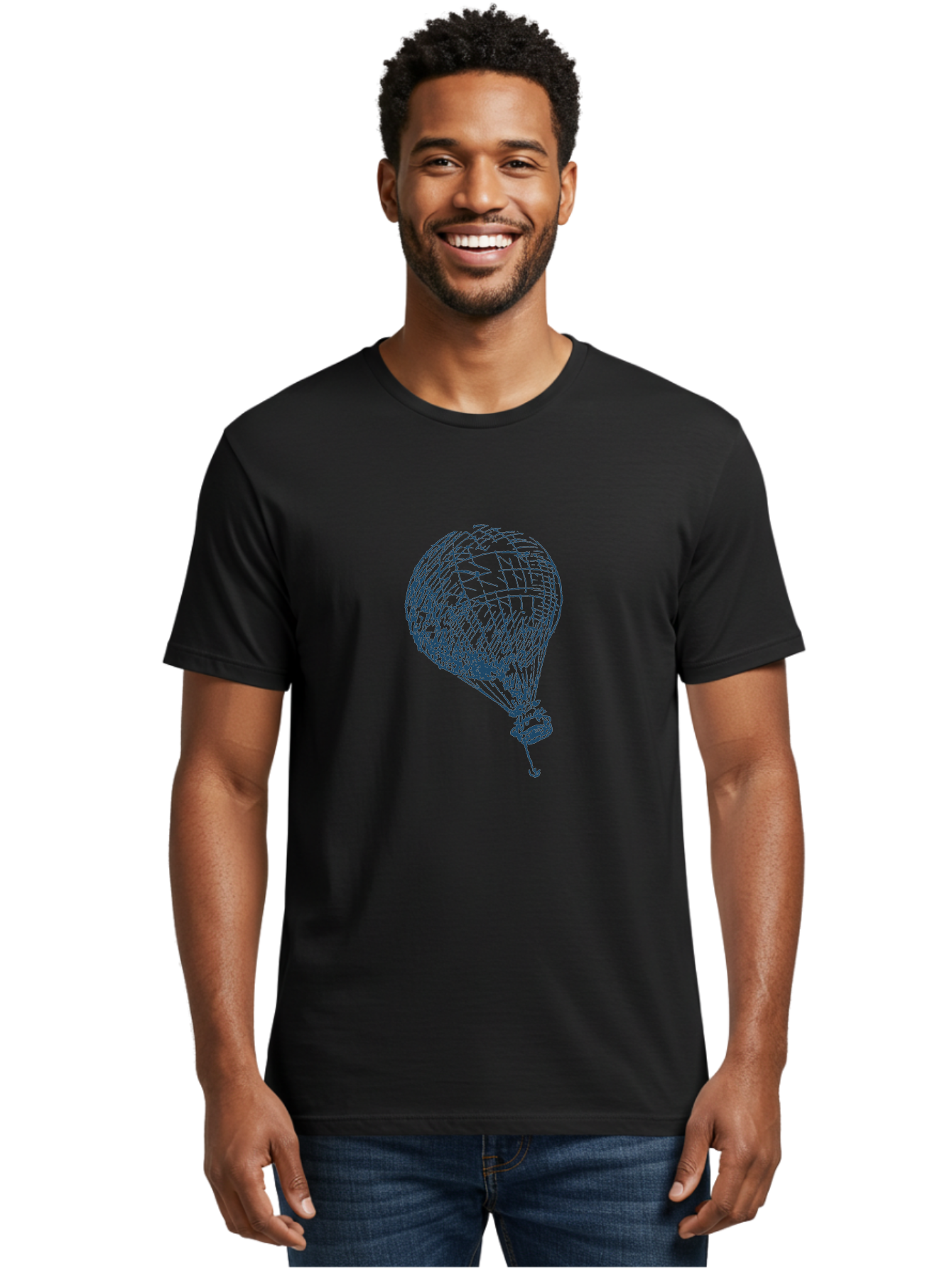 Balloon-Flying Men'S Graphic Tee, 100% Cotton, Comfortable Casual Summer Wear, Machine Washable, Hot Air Balloon, Wireframe Art, Futuristic Design, Blue Neon Lines, 3D Visualization, Abstract Art, Balloon Illustration Aae122
