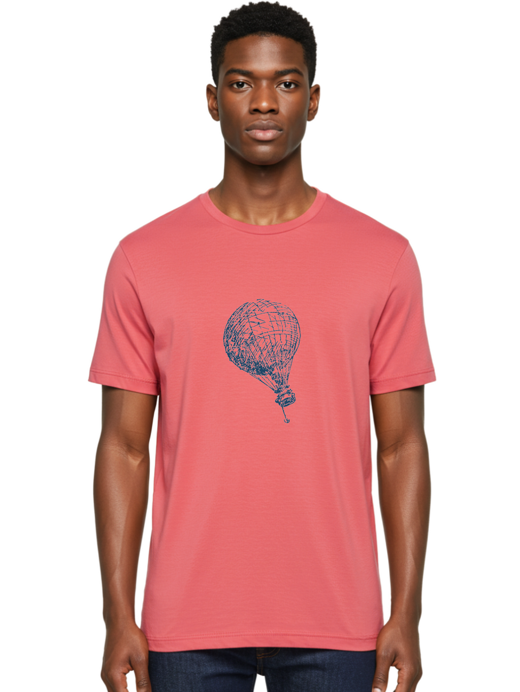 Balloon-Flying Men'S Graphic Tee, 100% Cotton, Comfortable Casual Summer Wear, Machine Washable, Hot Air Balloon, Wireframe Art, Futuristic Design, Blue Neon Lines, 3D Visualization, Abstract Art, Balloon Illustration Aae122
