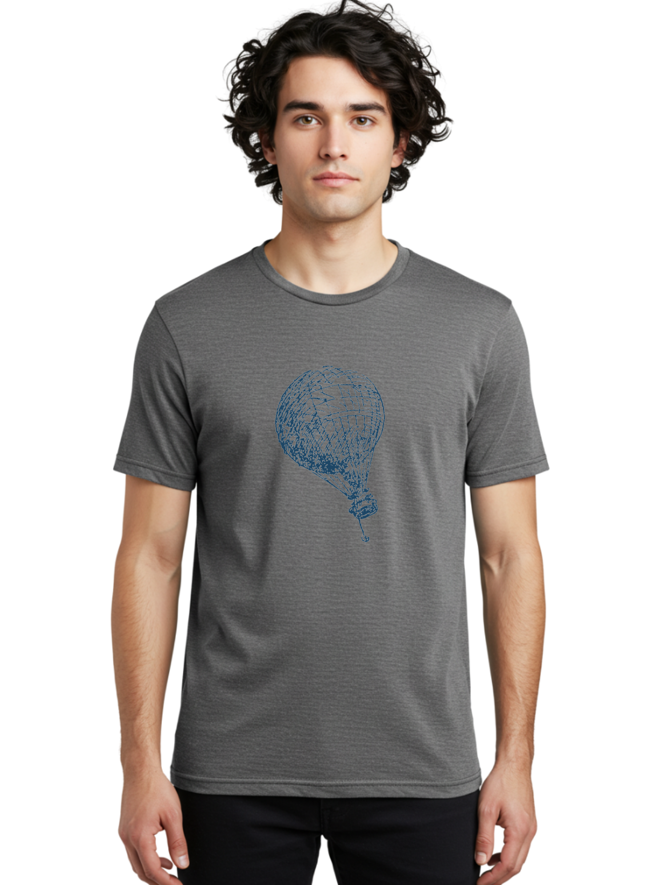 Balloon-Flying Men'S Graphic Tee, 100% Cotton, Comfortable Casual Summer Wear, Machine Washable, Hot Air Balloon, Wireframe Art, Futuristic Design, Blue Neon Lines, 3D Visualization, Abstract Art, Balloon Illustration Aae122
